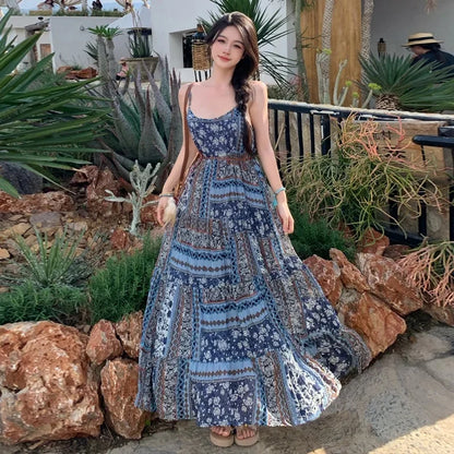 Women's Bohemian Embroidered Tank Dress - Ethnic Summer Maxi Dress