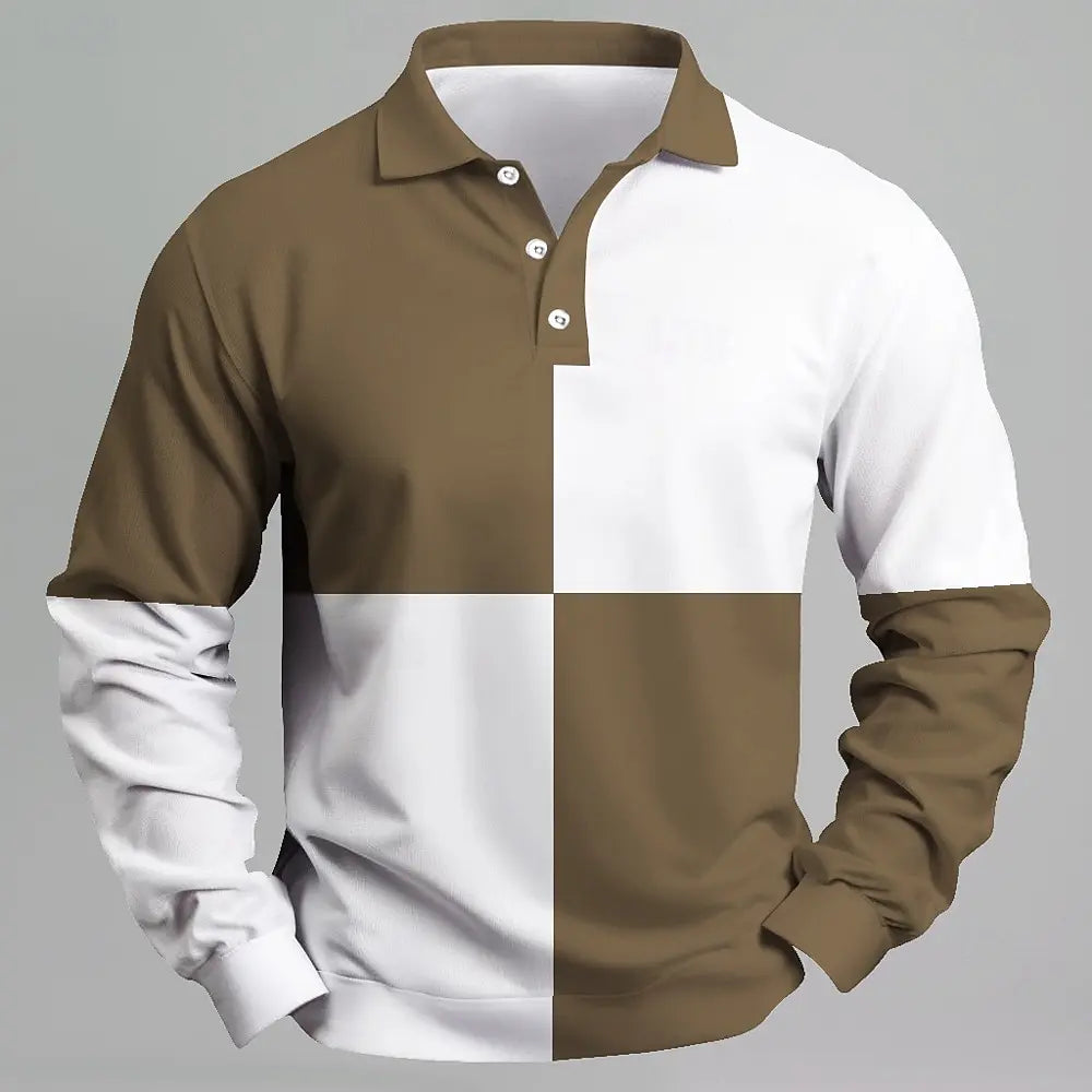 Men Color Block Long Sleeve Polo Shirt