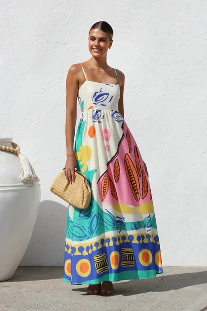 Women's Bohemian Halter Maxi Dress - Printed Beach Vacation Dress