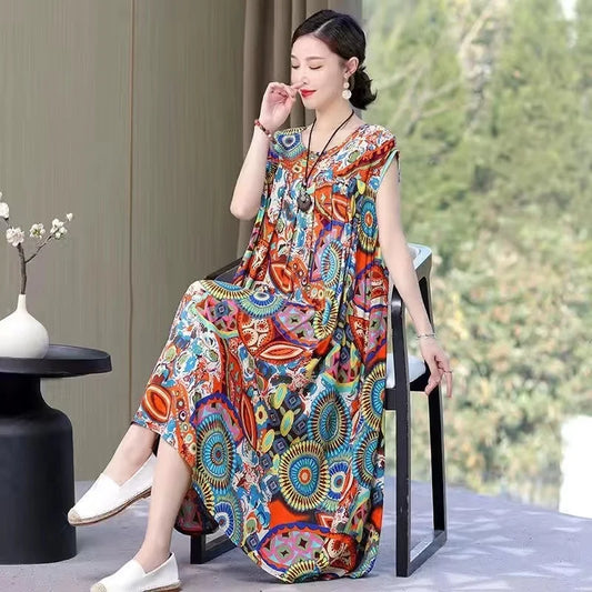 Women's Plus Size Summer Dress - Loose O-Neck Cotton Print Dress