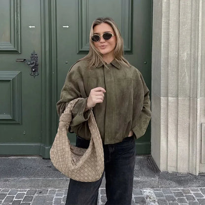 Women's Vintage Bomber Jacket - Loose Fit Zip-Up Coat