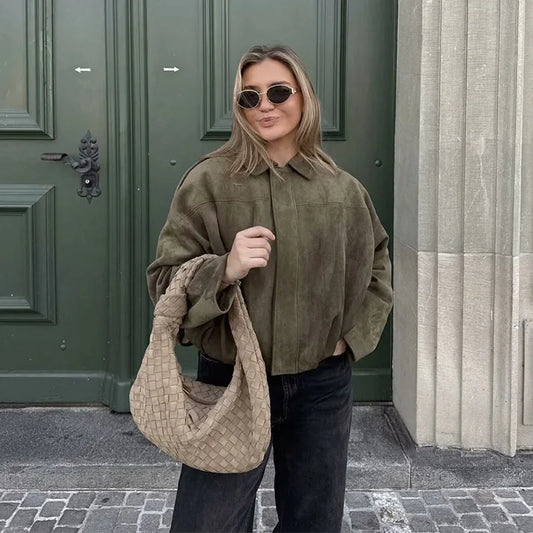 Women's Vintage Bomber Jacket - Loose Fit Zip-Up Coat