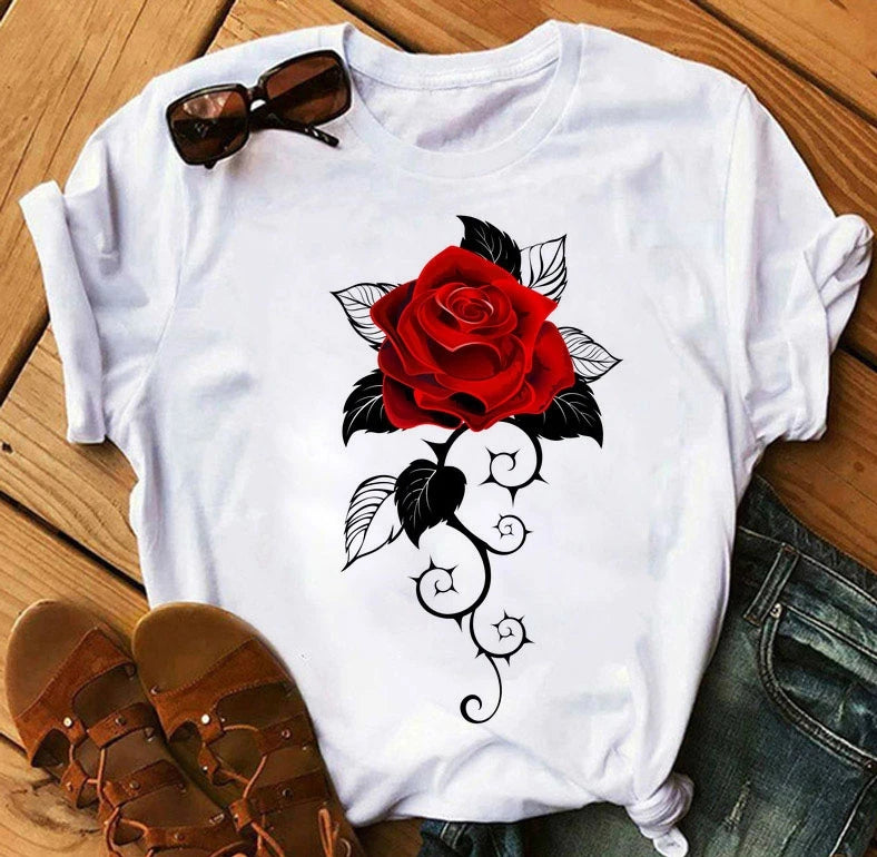 Women's 3D Rose Print T-Shirt - Casual Summer Cotton Top