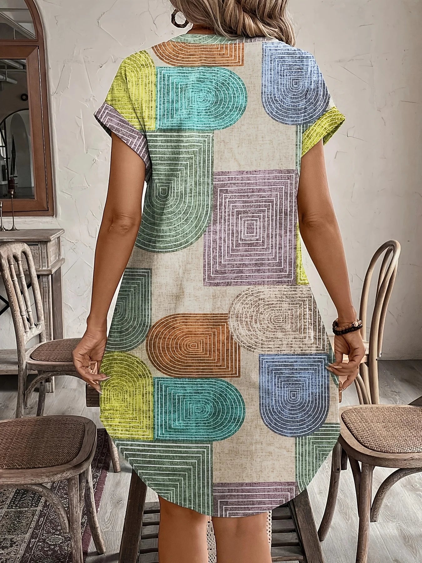 Women's Elegant V-Neck Button-Up  Dress Summer Geometric Print Comfortable Fashionable