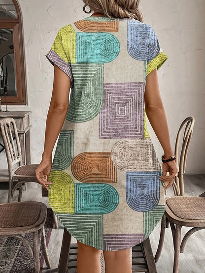 Women's Elegant V-Neck Button-Up  Dress Summer Geometric Print Comfortable Fashionable