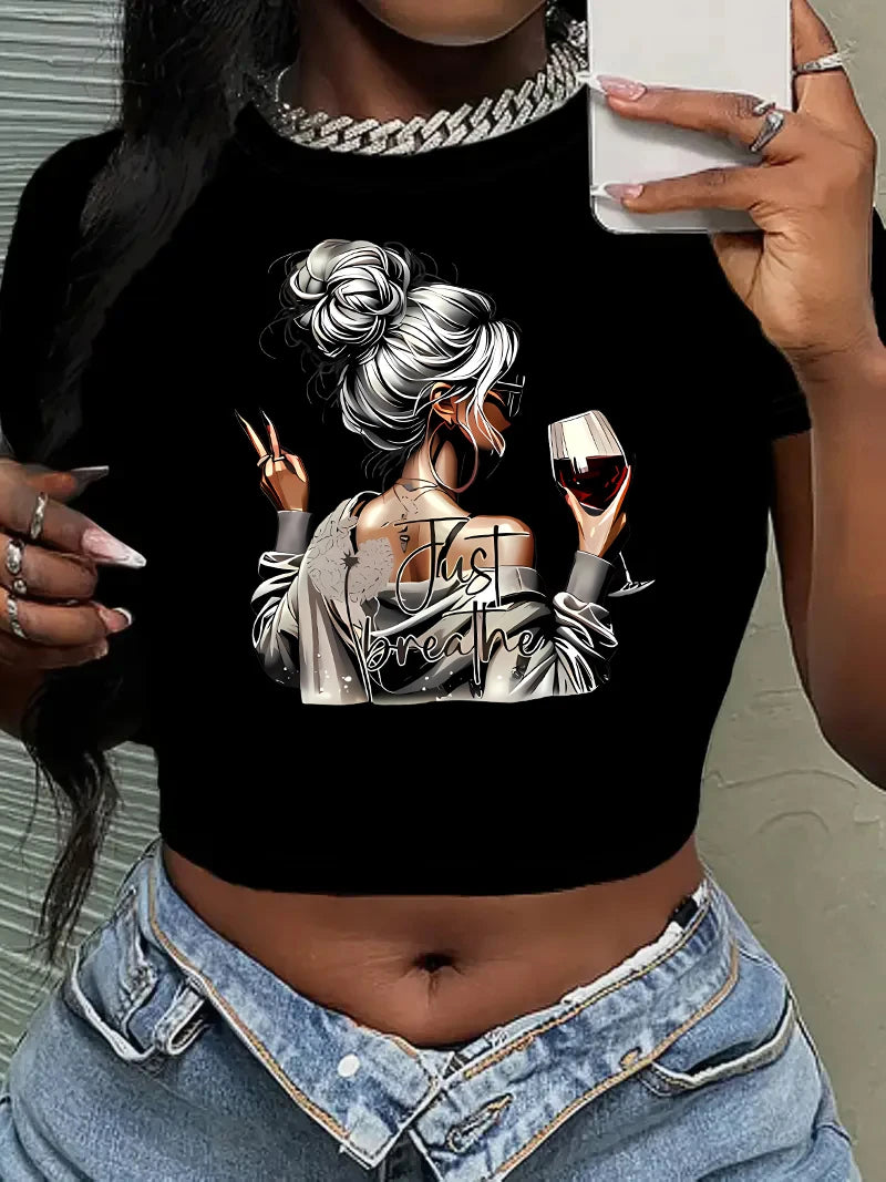 Women's Artistic Wine Print Crop Top - Chic Short Sleeve T-Shirt