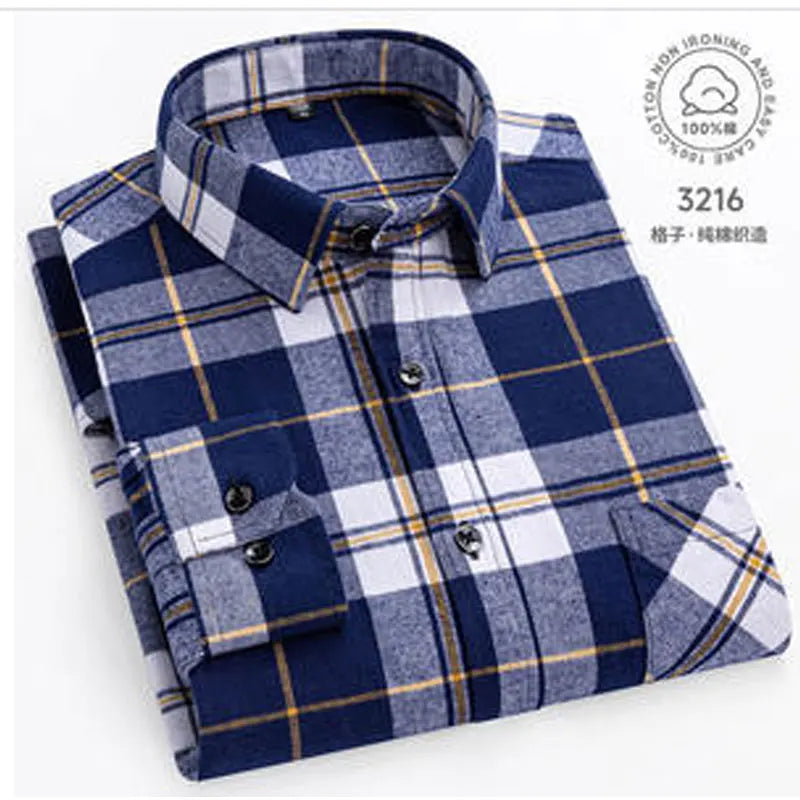 Men 100% Cotton Long Sleeve Plaid Shirt - Plus Size