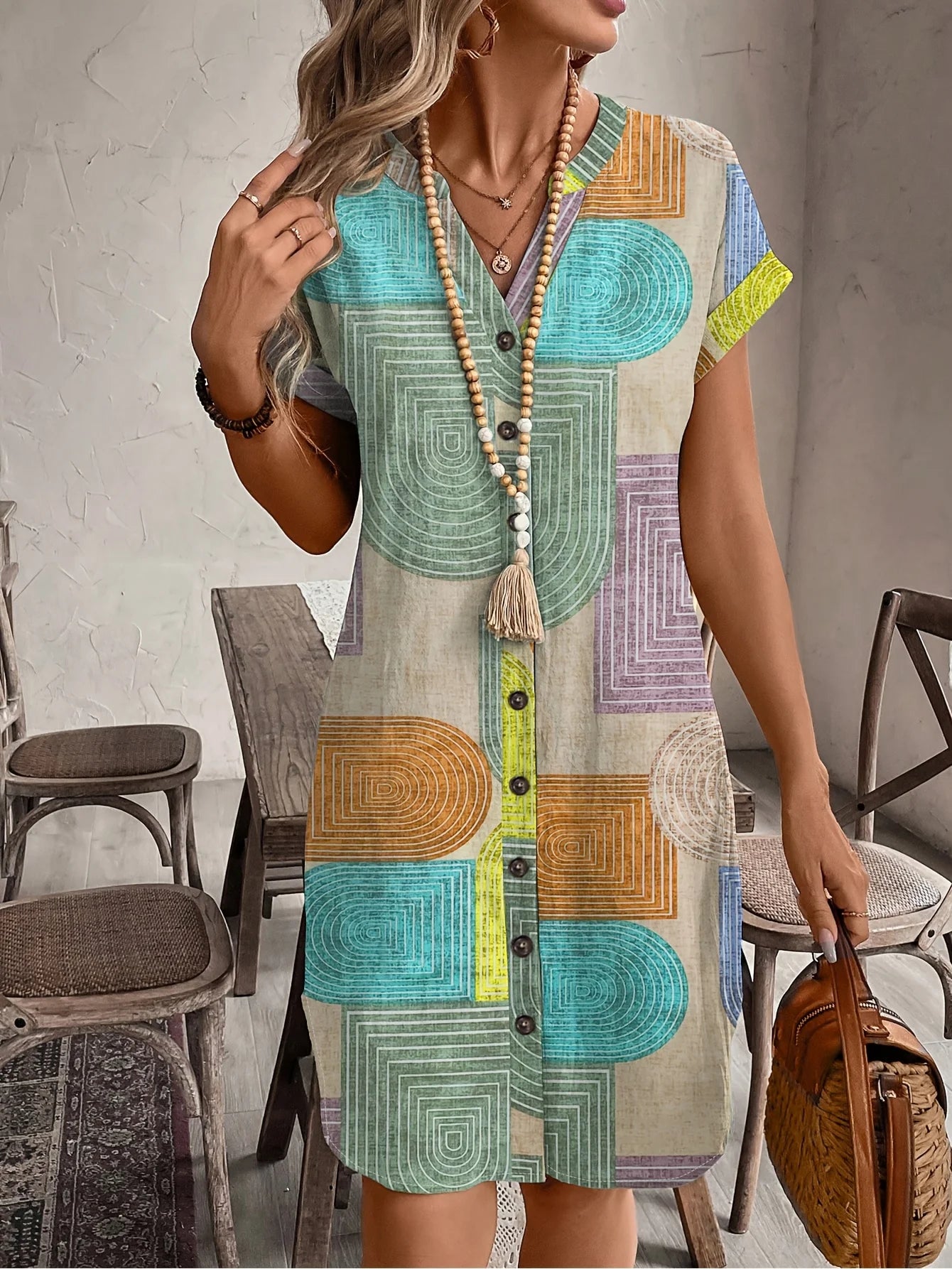 Women's Elegant V-Neck Button-Up  Dress Summer Geometric Print Comfortable Fashionable
