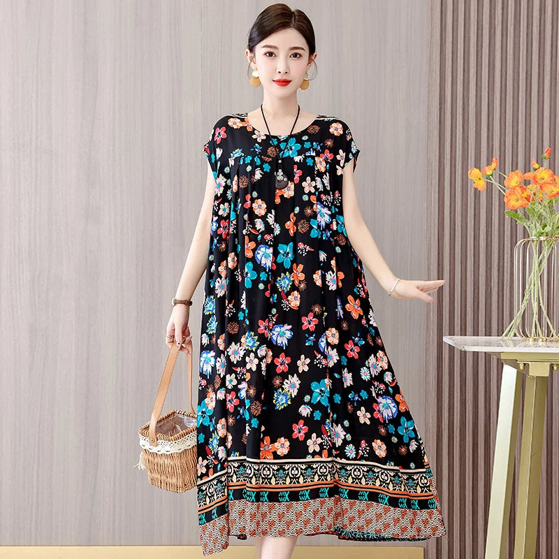 Women's Plus Size Summer Dress - Loose O-Neck Cotton Print Dress
