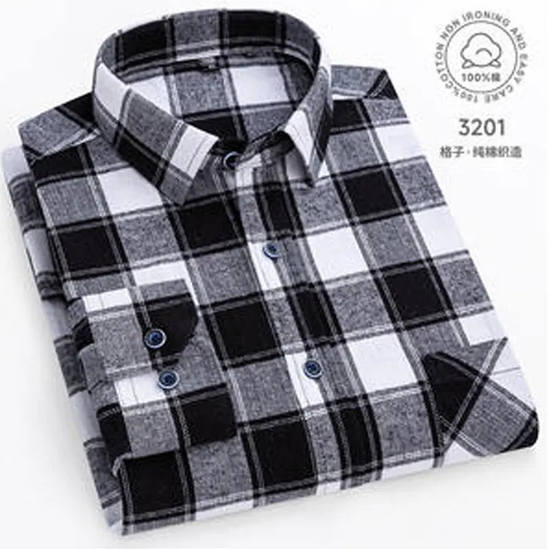 Men 100% Cotton Long Sleeve Plaid Shirt - Plus Size