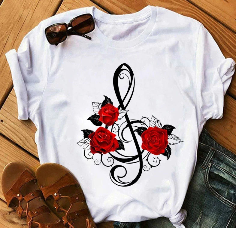 Women's 3D Rose Print T-Shirt - Casual Summer Cotton Top
