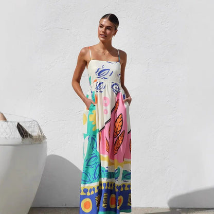 Women's Bohemian Halter Maxi Dress - Printed Beach Vacation Dress