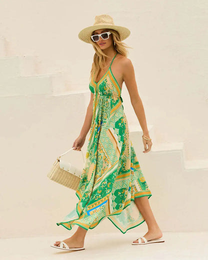 Women's Halter Backless Maxi Dress - Printed Bohemian Beach Dress