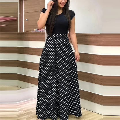 Women's Printed Crew Neck Maxi Dress - Elegant Pleated Short Sleeve Dress