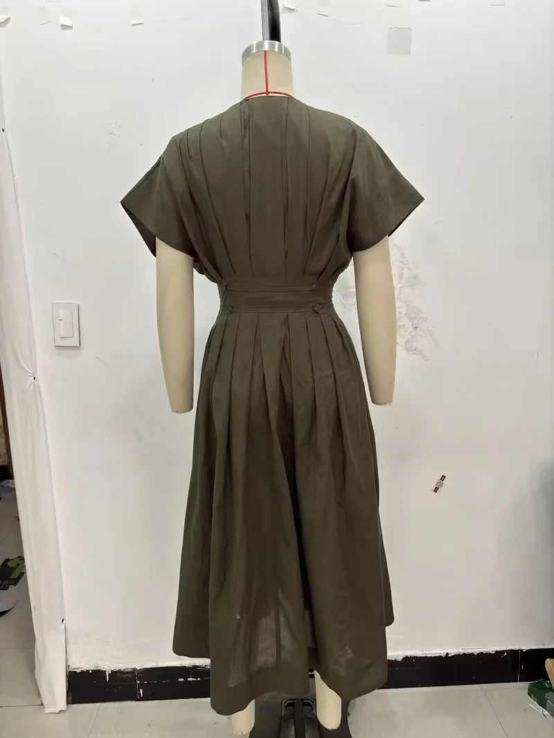 Women's Vintage V-Neck Midi Dress - Pleated Lace-Up Party Dress