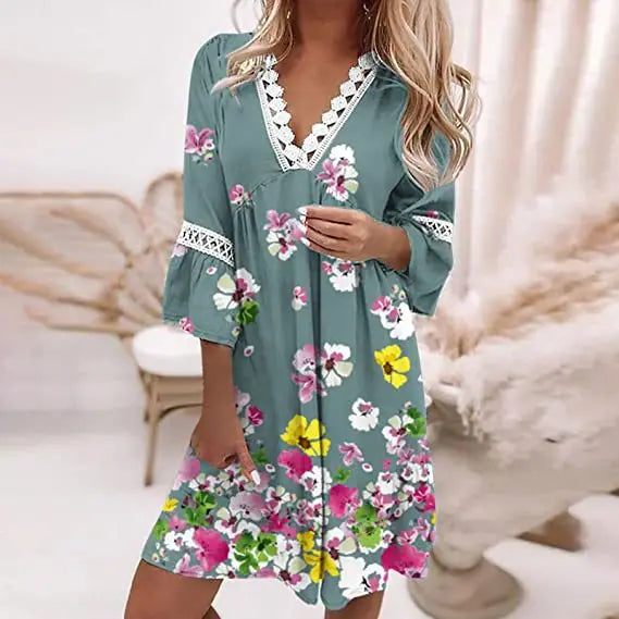 Canwedance New Boho Dress V Neck Printing Lace Midi Dress Floral Romantic Loose Fit Vestidos Hollow Out Chic Vacation Dress